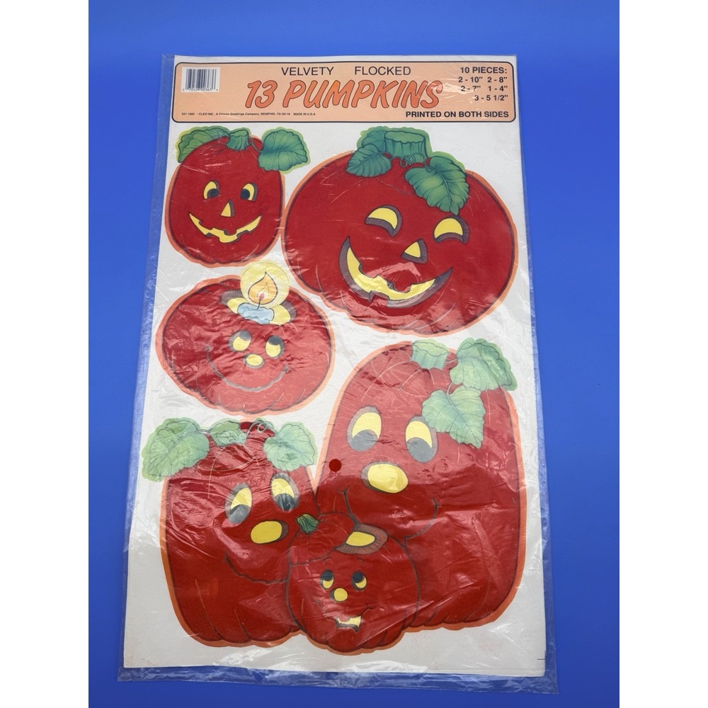 HALLOWEEN CLEO 13 PUMPKINS VELVET FLOCKED CUTOUT WALL HANG VTG NOS 10 PC SET